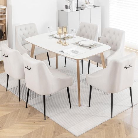 Esszimmerstühle 6er Set mit 13cm Kissen, Metallbeinen, Griff, Beige (1/5)