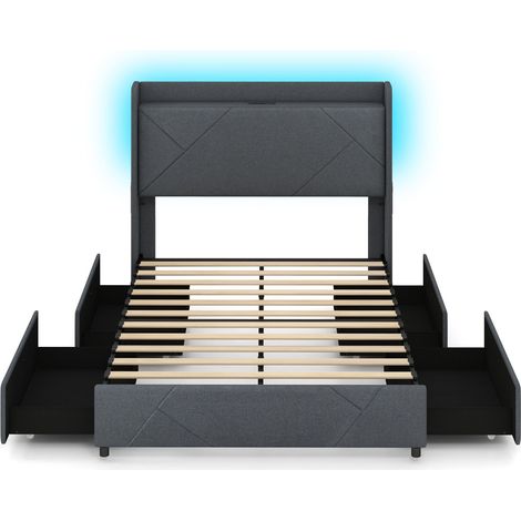 Struttura letto luci LED imbottito stazione ricarica 2 tasche 4 cassetti scorrevoli grigio (1/5)