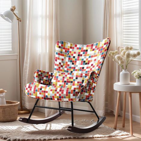 Schaukelstuhl Patchwork Sessel mit hohem Rücken, gepolsterter Sitzfläche und Lendenkissen, Metallgestell und Massivholzfüßen (1/5)