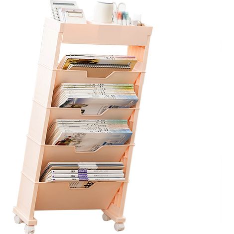 Étagère à livres à plusieurs niveaux avec roulettes universelles pour salle de classe, idéale pour le rangement de livres dans le salon. (1/5)