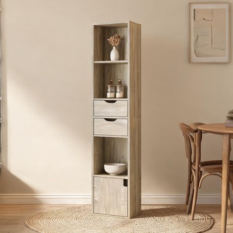 Étagère haute en bois mélaminé chêne clair avec rangements (1/5)