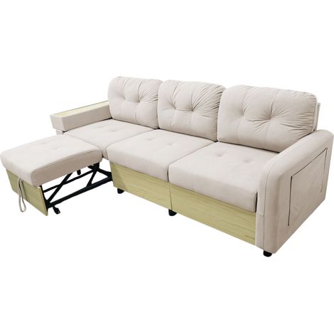 Canapé d'angle modulaire 3 places avec ottomane extensible, port USB, espace de rangement et accoudoir avec table en bois, canapé en velours avec mousse haute densité, canapé de salon en vert et beige (1/5)