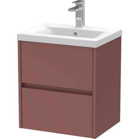 Chartley Contemporary Wall Hung 2 Drawer Vanity Basin Unit, Mid-Edge Basin, 500mm, Smoked Red (1/4)