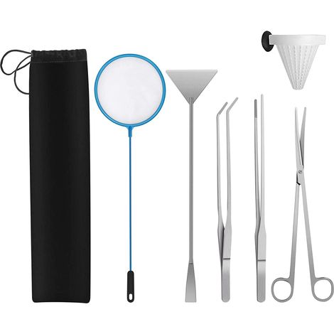 6 Pièces Outil Aquarium en Acier Inoxydable, 6 en 1 Aquascaping Tools, Kits pour Aquariophile Débutant, Longue Pince À Épiler, des Ciseaux, Un Filet de Pêche et Un Entonnoir d'alimentation (1/5)