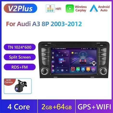 Autoradio 7'" Écran tactile 2 Din Android 13 2G+64G Bluetooth WIFI GPS Navigation CarPlay et Android Auto pour Audi A3 S3 RS3 (1/5)