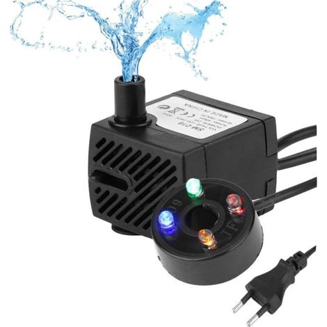 Pompe submersible silencieuse pour aquarium et fontaine – 150 L/h, 2 W, avec 4 LED colorées et filtre intégré (220–240 V) (1/5)