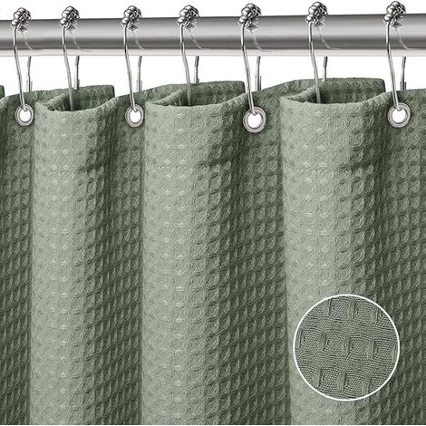 Cortina de ducha tipo gofre, cortinas para bañera, lavable a máquina, de poliéster, cortina de baño con 12 ganchos, impermeable, 180 x 180 cm (verde). (1/5)