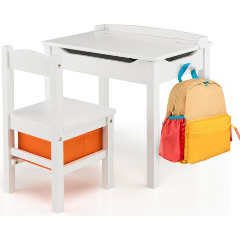 Set tavolo e sedia per bambini in legno massello, Scrivania ribaltabile con sedia per stanza giochi asilo Bianco (1/4)