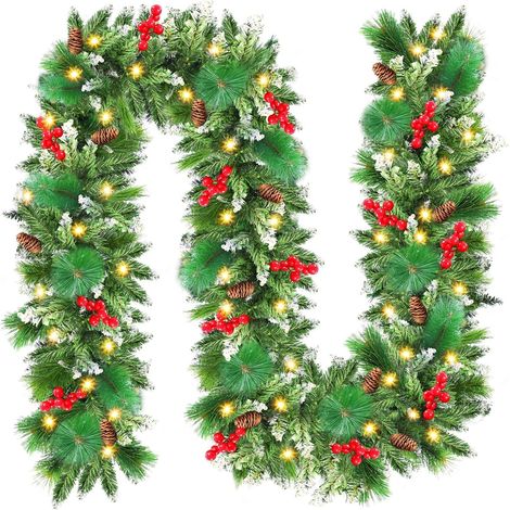 Guirlande de Noël 2,7 M, Guirlande Sapin Artificiel avec Lumières LED, Couronne de Noël, Decoration de Noël pour Mur, Cheminée, Escalier,Jardin,Sapin de Noel (Verte) (1/5)