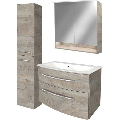Fackelmann B.STYLE Badmöbel Set mit Waschbecken mit Unterschrank 80 cm breit – Spiegelschrank Bad mit Beleuchtung und Hochschrank in Holz braun – Badezimmermöbel hängend in Eiche Natur Holzoptik"-"901 (1/5)