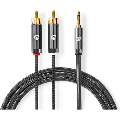Cable de audio estereo macho de 35 mm 2x rca macho chapado en oro 200 metros redondo gris gris con metal carton con ventana cubierta