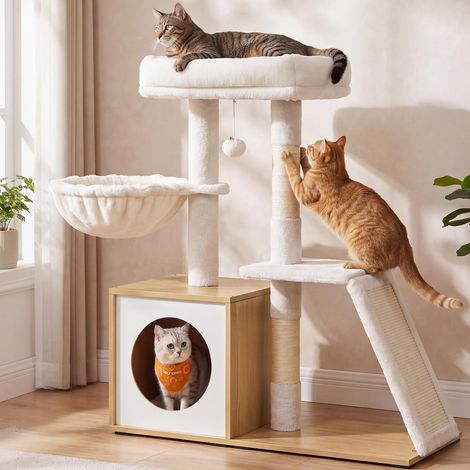 Arbre à Chat, avec Niche et Griffoir, 3 Niveaux, 80 cm (1/5)