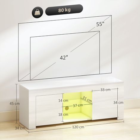 Meuble TV blanc avec éclairage LED deux portes étagère verre passe-câbles panneau particules pour salon (1/4)