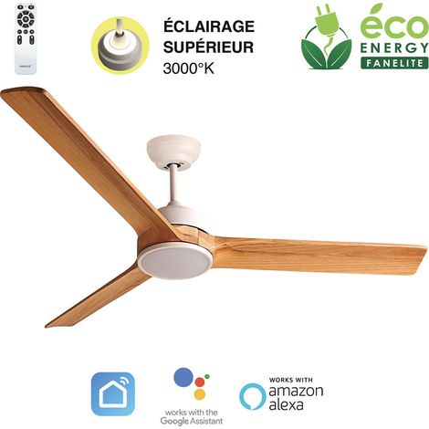 Fanelite - Ventilateur de plafond 132 cm blanc et bois BALABIO - Moteur DC 36W - LED 20W dimmable 3 couleurs + LED SUPERIEURE 2W