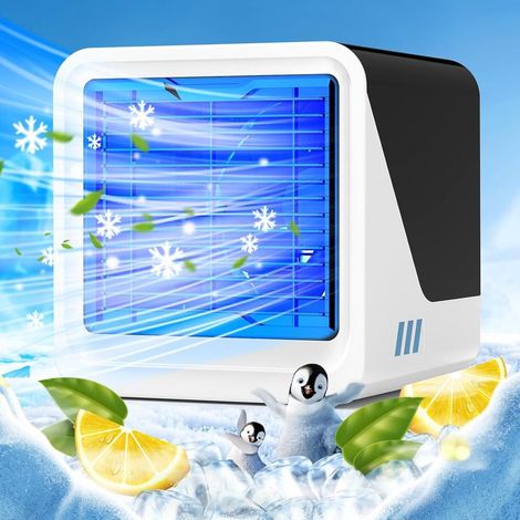 Climatiseur Mobile, Ventilateur USB 3 en 1 avec Refroidissement par Eau, Réservoir d'eau de 500 ML, 3 Vitesses, Lumières 7 Couleurs, Climatiseur Portable Rafraîchisseur d'air pour Chambre et Bureau (1/5)
