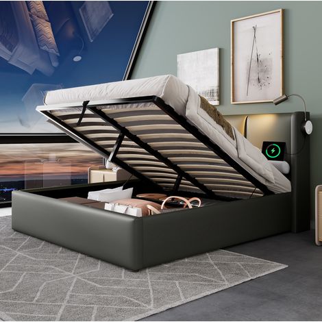 DESVIAE Lit double 180 x 200 cm avec coffre de rangement relevable tête de lit avec liseuse et 2 ports USB sommier à lattes en bois cadre en métal revêtement aspect cuir PU gris (1/5)