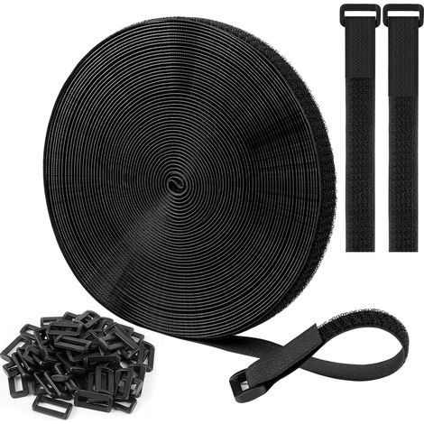 Lntyq Sangles/Attaches de Câble Réutilisables Réglables Noires de 10m x 2cm Avec 50 Boucles et Sangle de Fixation à Crochet Pour la Gestion des Câbles (Noir) (1/5)