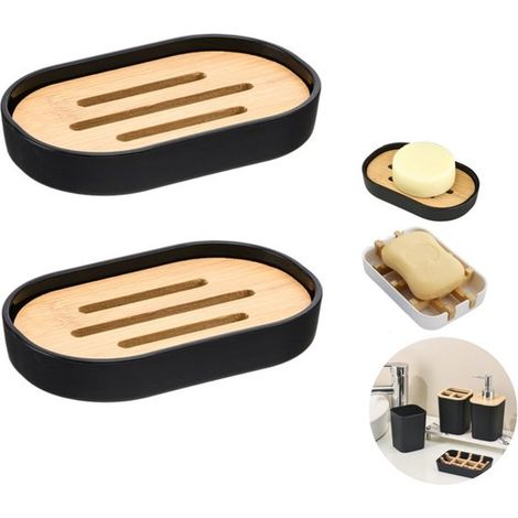 Juego de 2 jaboneras, Jaboneras de bambú, Incluye bandeja antigoteo, Diseño autodrenante, Aptas para duchas, baños, cocinas, bañeras y lavabos (1/5)