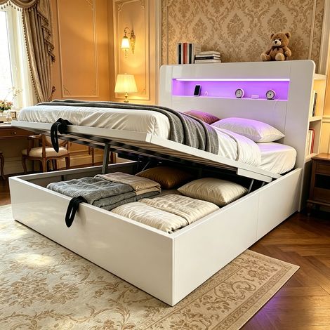 Lit coffre 140x200 cm blanc avec rangement hydraulique, tête de lit LED, prises électriques intégrées et étagères, cadre de lit plateforme moderne en bois (1/5)