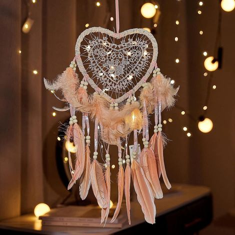 Attrape-rêves lumineux en plumes faites à la main pour la décoration de la chambre à coucher (1/5)