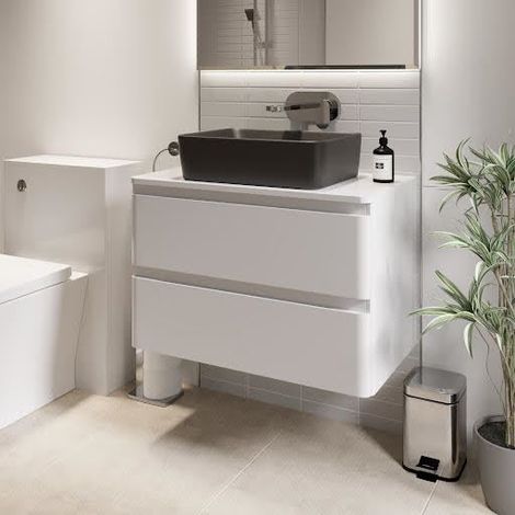 Bathroom Cloakroom Vanity Unit Wall Mounted Countertop Basin White Gloss 800mm (1/5)