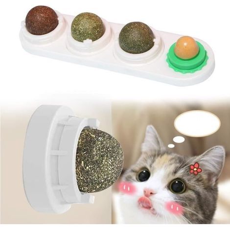Kentop Herbe à Chat Sûre et Saine 4 en 1 Jouet Boule d'herbe à Chat Balles d'herbe à Comestibles Bonbons à l'herbe à Chat Muraux (1/4)