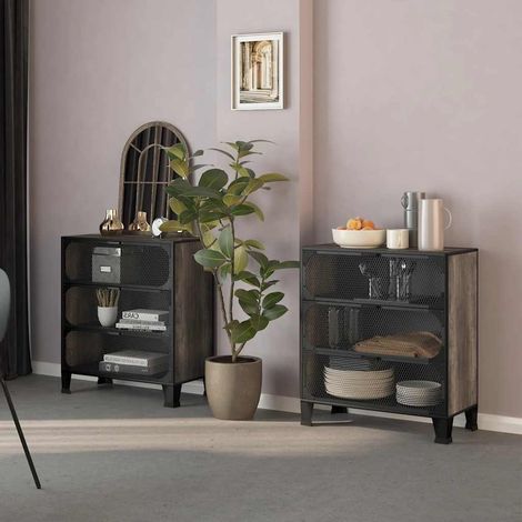 Lot de 2 armoires de rangement gris en métal et MDF avec portes en filet 72 x 36 x 82 cm - PANGIVO (1/5)