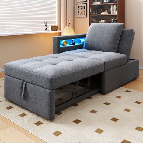 Divano letto con schienale regolabile, illuminazione LED e porte USB/Type-C, lino, grigio chiaro (1/5)