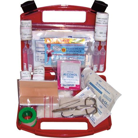Maxter – Trousse de secours voiture 59 pièces – Coffret d'urgence en plastique polypropylène – Coloris rouge – Pochettes cristal pour rangement