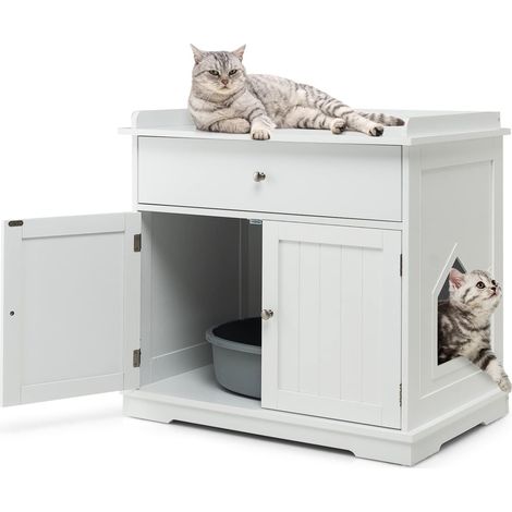 Goplus – Maisonnette pour chat avec placard double et tiroir – MDF blanc – Dimensions 76x53x74 cm – Fenêtre et poignées métalliques (1/5)