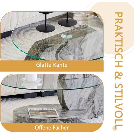 Table basse moderne en verre trempé, deux étages, design rond imitation marbre, plateau MDF, stickers marbre gris, disponible en plusieurs coloris. (1/5)