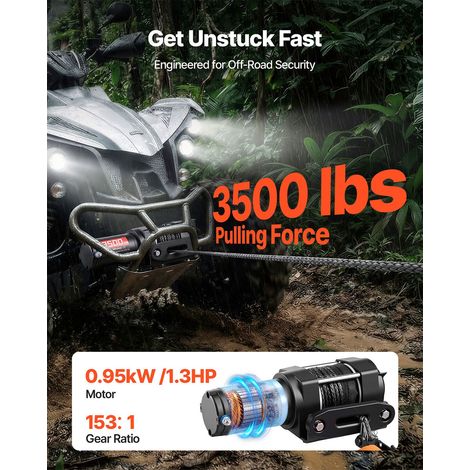 Treuil électrique 1587 kg 12V DC pour ATV/UTV, câble synthétique 5,5 mm x 10 m et télécommande filaire, IP55, boîtier alu et plaque fixation, remorquage ATV, noir (1/5)