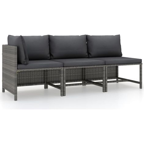 vidaXL Set Divani da Giardino 3 pz con Cuscini in Polyrattan Grigio