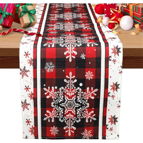 Weihnachtstischläufer, winterlicher Tischläufer mit Schneeflocken- und Büffelkaromuster für die Weihnachtsfeier, 33 x 171 cm