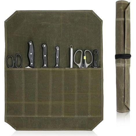 Messertasche für Köche, klappbare Messerrolle für Köche, 7 Fächer, Messertasche aus Wachstuch, Schutzhülle für professionelle Köche beim Wandern und Campen, grün und stilvoll. (1/5)