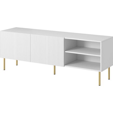 Meuble TV Magnano, buffet de salon avec quatre portes battantes, surélevé du sol, 150x42 h52 cm, blanc (1/4)