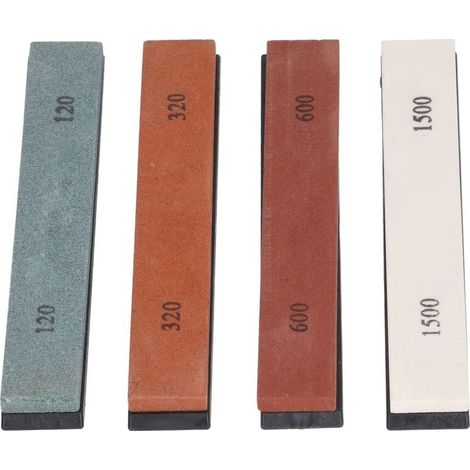 Ensemble de 4 pierres à aiguiser 120/320/600/1500 grains – Base antidérapante – Utilisation avec eau – Pour couteaux de chef et de chasse (1/4)