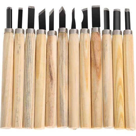 12pcs Outil de Gravure Sur Bois Sculpture Tool Sur Bois Main Gravure Sur Bois Manche en Bois Couteaux à Découper Pour Sculpteur, Charpentier, Amateur, Poterie, Cire (1/5)