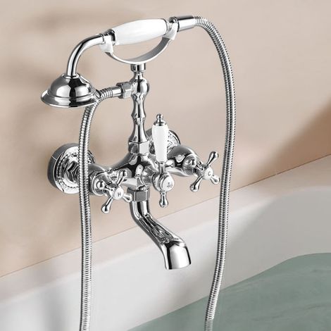 Traditionelle Badarmatur mit Doppelbrausehebel, versilbert