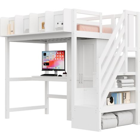 Lit mezzanine 90 x 200 cm avec bureau, armoire, échelle de rangement, LED et prises, gain de place pour chambre d'enfant ou ado, blanc pratique – CHICFURN (1/5)