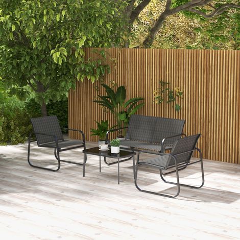 Set di mobili da giardino composto da 4 pezzi: 2 poltrone, divano a 2 posti, tavolo con piano in vetro, tessuto traspirante, struttura in metallo, colore nero.