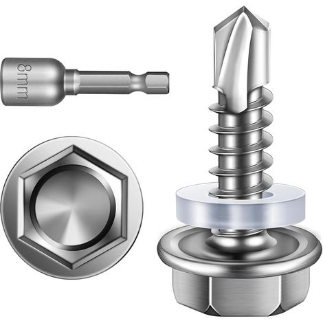 Lot de 25 vis auto-taraudeuses - 4,8 x 19 mm - Vis auto-taraudeuses à tête hexagonale - En acier inoxydable - Vis à tôle trapézoïdale avec rondelle d'étanchéité et clé à douille hexagonale (1/5)