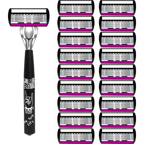 Rasoir 6 lames pour hommes – manche blanc avec 18 têtes de rasage violettes et blanches – pour toutes les barbes (épaisse, fine ou rêche) et prévention des irritations. (1/4)