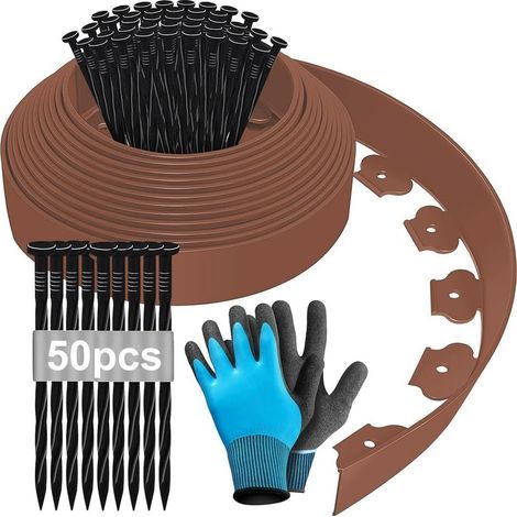 Bordure de Jardin Flexible 10m, Bordure Jardin Exterieur Hauteur 10cm, Bordure Jardin Plastique, Bordurette de Jardin, Garden Edging, Bordure de Tonte, avec Gants et 50 Ongles - Marron (1/5)