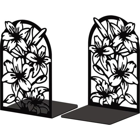 Serre Livre Metal Noir, Serre-Livres Fleur De Lys Design Moderne Serré Livre Decoratif Bureau pour Bureau, Cuisine, Étagère et Bibliothèque, 1 Paire (1/5)