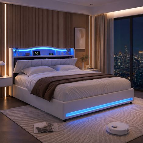Lit à tiroirs 160x200 cm – en velours beige – LED tête de lit – tiroirs – tête avec rangement (1/5)