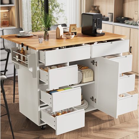 MEUBLIV isola cucina 122x46x91,5 cm bianca – piano estraibile, 8 cassetti (1/4)