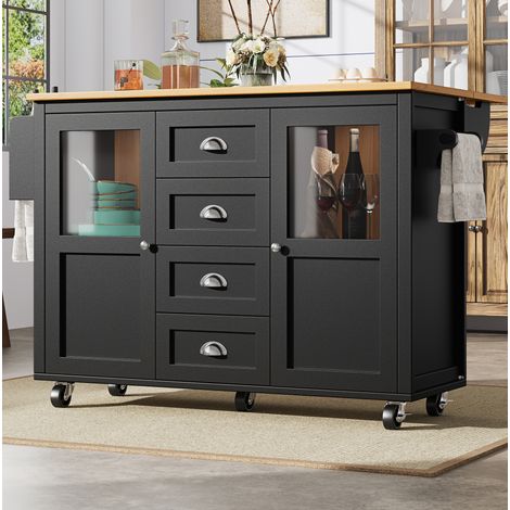 Îlot de cuisine 137,9x73x92,5 cm noir en MDF et métal avec rangement, table relevable et roulettes (1/5)