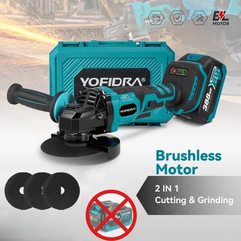 YOFIDRA Meuleuse d’angle sans fil brushless 2-en-1 125 mm – 3 vitesses, polisseuse et machine de coupe, compatible batterie Makita