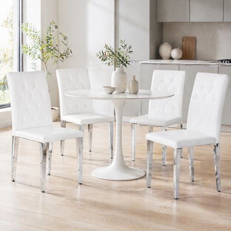 Juego de 4 sillas de comedor, PU blanco y metal plateado, respaldo capitoné DESVIAE (1/5)
